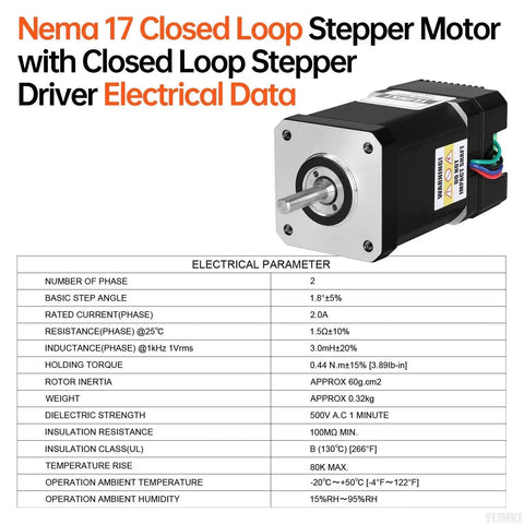 Nema 17 Closed Loop Stepper Motor With Integrated Driver For 3D Printers And DIY Robots, specifications shown on data sheet