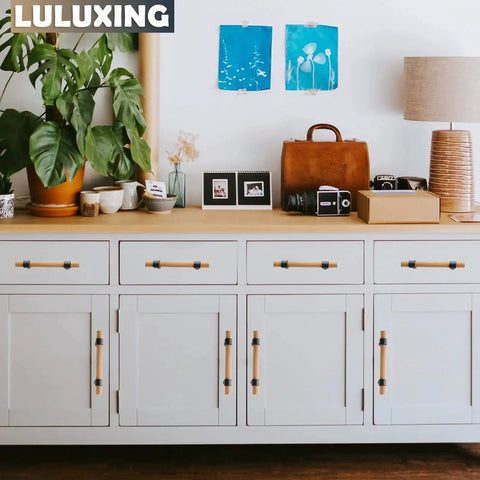 White cabinet with Six Pack Solid Wood Cabinet Handles and Pulls 4.4 Inch Center to Center Double Hole Distance T Bar hardware.