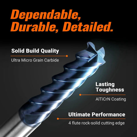 Close-up of 1/4 Inch Carbide Square End Mill, 4 Flute CNC Router Bit With AlTiN Coating For Steel And Alloys, Copper, Cast Iron.