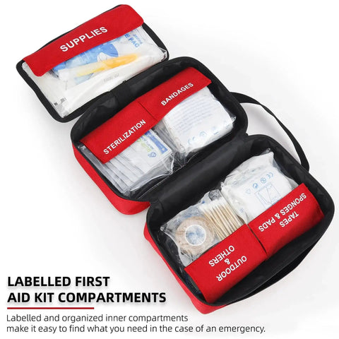 Open 330 Piece First Aid Kit Premium Waterproof Compact Trauma Medical Kit showing labeled compartments for emergency needs at home or travel
