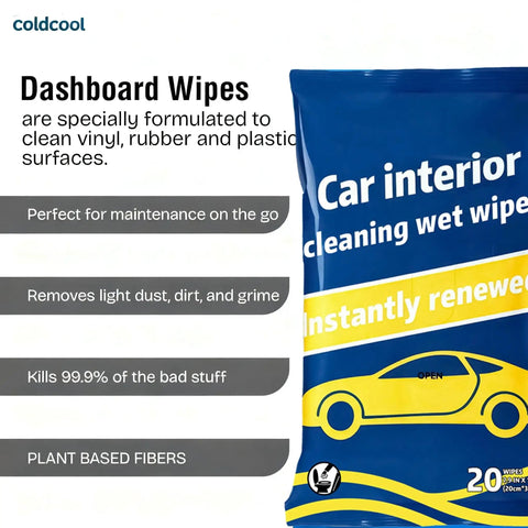 Close-up of Plant Based Car Interior Cleaning Wipes Multi Surface Cloths Super Absorbent packaging focusing on dashboard cleaning.