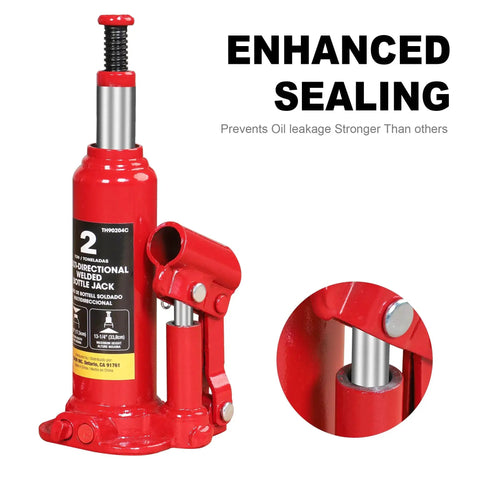 2 Ton Hydraulic Bottle Jack With Vertical And Horizontal Use Not For Trucks, shown in red with enhanced sealing feature, front view.