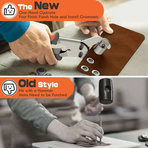 Comparison of Three Eighth Inch Grommet Tool Kit Pro Grade Heavy Duty Handheld Pliers with traditional hammer method on leather