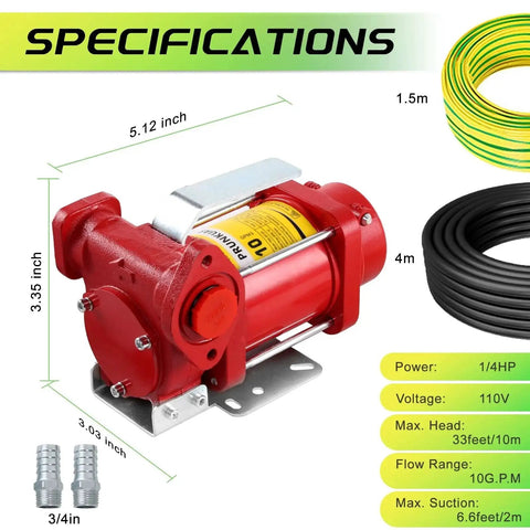 Heavy Duty Portable 110V Fuel Transfer Pump With Manual Nozzle For Gas Diesel Kerosene Biodiesel And More Self Priming 10 GPM Oil Transfer Pump showing dimensions and specifications.