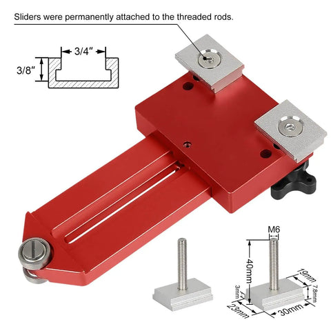Red aluminum extended thin rip jig for table saws and router tables with anodized finish, sliding tenon, adjustable locks.