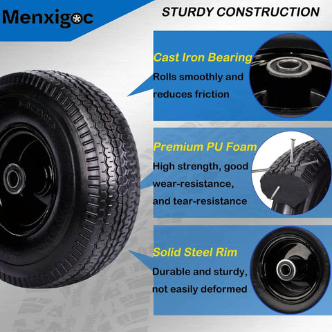 Heavy Duty 10 Inch Flat Free Tire And Wheel Set For Hand Trucks Garden Wagons Carts And Dollies, 3.5 Inch Wide Solid Tire