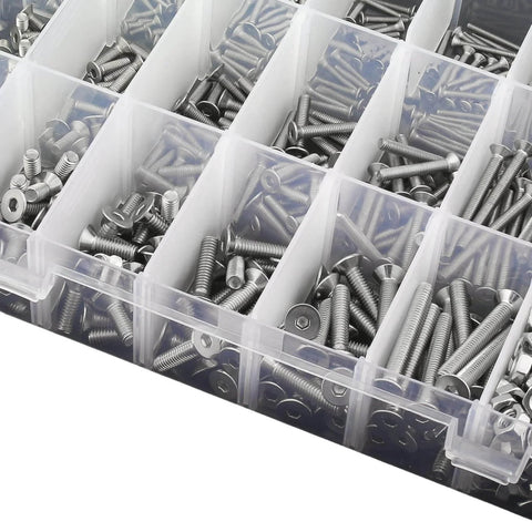 Rugged Stainless Steel Screw Set With M2 M3 M4 M5 Bolts, Flat Countersunk Socket Cap Screws, Nuts And Washers in storage box