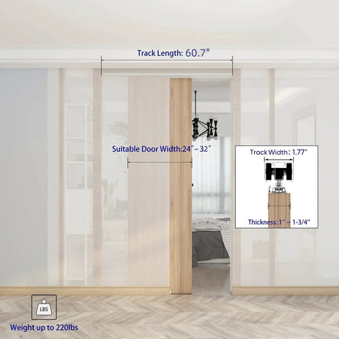 5.3 Foot Commercial Grade Pocket Door Hardware And Track Set For Sliding Doors, installed showing aluminum track and measurements