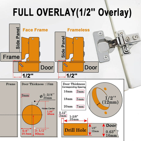 BESTEEL 24-pack 1/2 in overlay soft-close cabinet hinges, stainless steel, self-closing with drilling tool