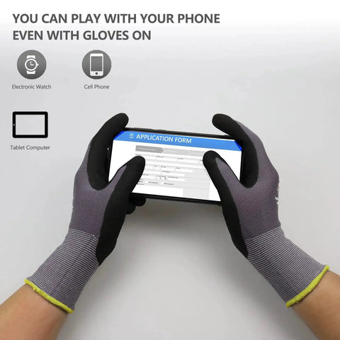 MicroFoam Nitrile Coated Work Gloves 6 Pairs Seamless Knit Nylon Gray 9 Large using touchscreen device