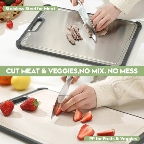 Extra Large Dual Sided Stainless Steel Cutting Board With 316 Stainless For Safer Cooking Non Toxic Food Grade Surface Eco Friendly Wheat Straw Fusion Dual Material Meat Prep Board 16.9 by 11.8 Inches Kitchen Essential in use for cutting meat and vegetables
