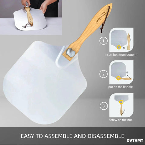 Sturdy Aluminum Pizza Peel 12 By 14 Inch With Foldable Wood Handle shown with handle assembly guide