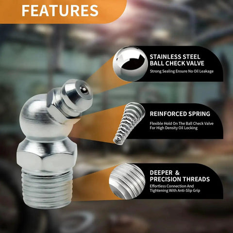 All In One Grease Fittings Assortment Kit 105 Pcs SAE And Metric Zerk Fittings Set details with features highlighted