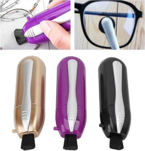 Portable Eyeglasses Cleaner Kit with Microfiber Cloths shown in gold, purple, and black colors with a close-up of lens cleaning action.