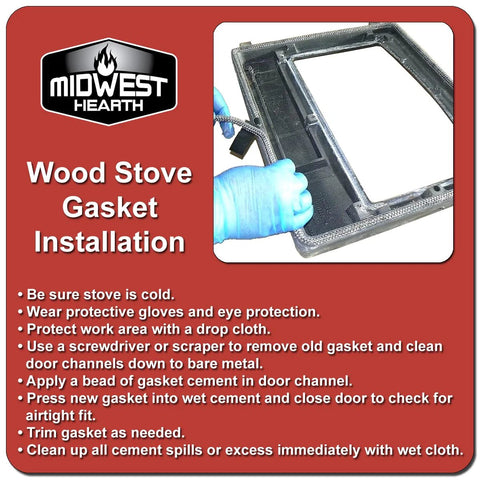 Midwest Hearth wood stove gasket kit installation; graphite-impregnated fiberglass rope, 1/2 in x 84 in, with adhesive