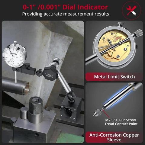 High Precision 1 Inch Dial Indicator With 0.001 Inch Resolution And Beefy Magnetic Base Up To 132 Lbs for precise measurements on lathe.