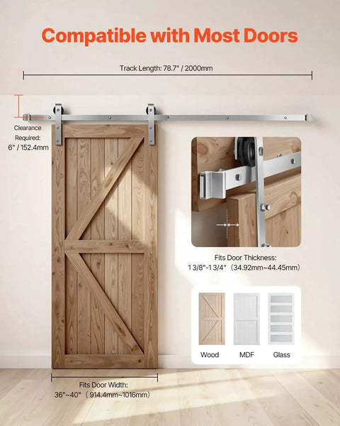 6.6-Foot Brushed Nickel Sliding Barn Door Hardware Kit With 330 Lb Weight Capacity Fits 36 To 40 Inches Wide Doors And 1-3/8 To 1-3/4 Inches Thick Durable Track And J-Shape Rollers For Smooth Quiet Operation shown installed
