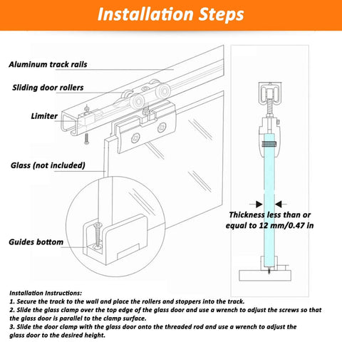 Glass Sliding Door Track Kit For Closet Barn Bypass And Pocket Doors Aluminum Rail System With Rollers installation diagram