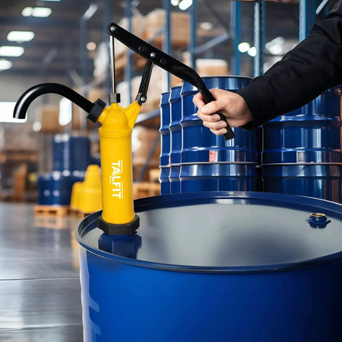 Lever Action Drum Pump For 55 Gallon Drums Fuels Chemicals Corrosives in warehouse setting with hand operating pump