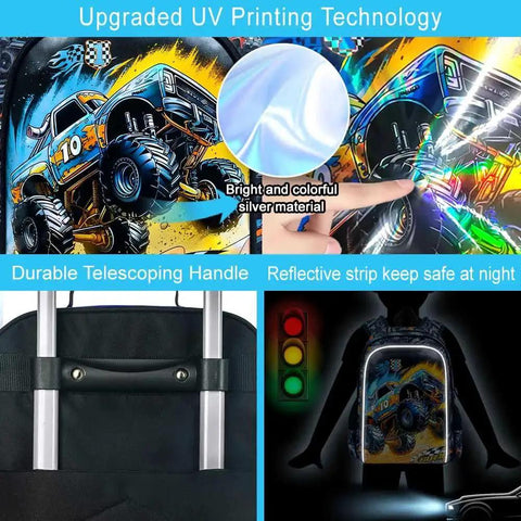 Five Piece Kids Suitcase Set For Boys 18 Inch Truck Themed Carry On Luggage With Wheels and UV print, telescopic handle