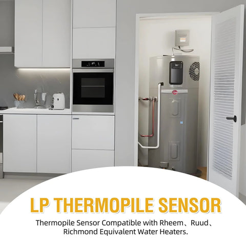 LP thermopile sensor replacement kit shown near a water heater in a utility closet