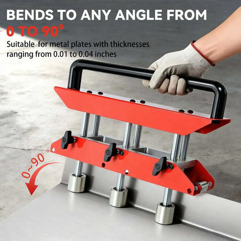 3 Station Metal Roofing Bender With 0 To 90 Degree Edge Roller in use, showing bending mechanism and handle grip for sheet metal.