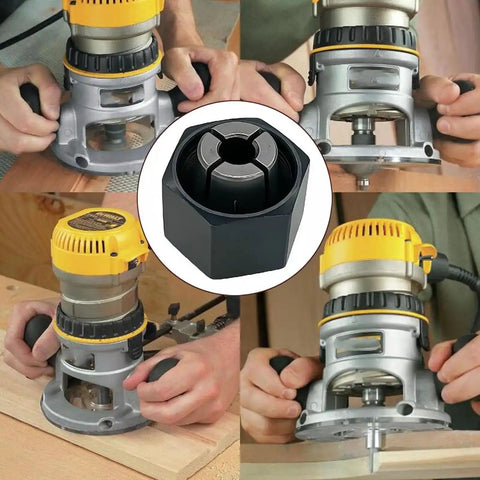 1/4-Inch Collet And Nut Replacement Kit Two Pack for power tools, 6.35mm shank, durable steel shown with Bosch, Hitachi, DeWalt tools.