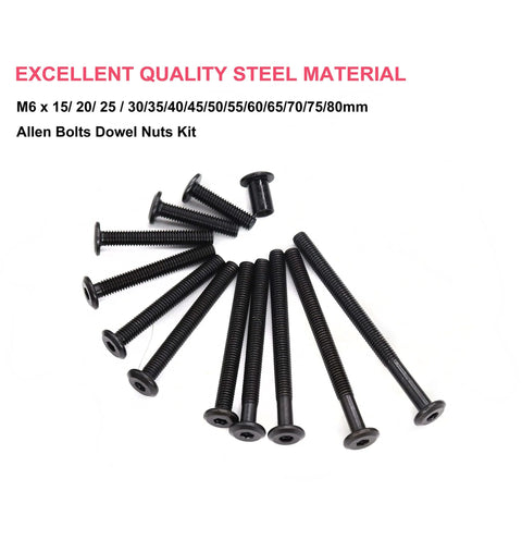 114 Piece Black M6 Allen Bolts Kit With Flat Head Socket Cap Screws And Cap Nuts For Furniture Chairs Beds And Cribs 15Mm To 80Mm Range Includes Hex Key And Bit For Easy DIY Assembly displayed on white background