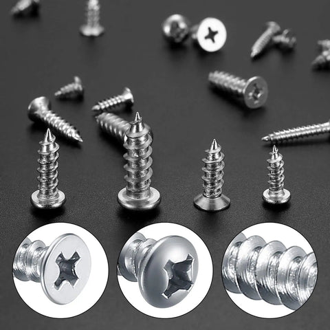 990 Pcs Self Tapping Screws Assortment Kit In Stainless Steel M3, M4, M5, M6, close-up of flat and round head screws