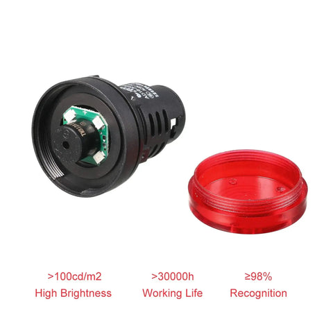 Internal view of Red Indicator Light With Buzzer 24V AC DC Panel Mount 28mm showing high brightness LED components.