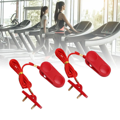 Two Pack Universal Treadmill Safety Key Emergency Stop Switch for running machines and gym equipment shown with treadmills in background