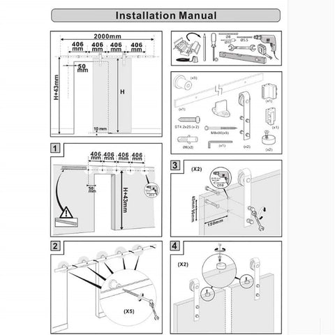 Installation manual for Bypass Sliding Barn Door Rail Hardware Kit for Double Doors Monorail System Glass Door Compatible