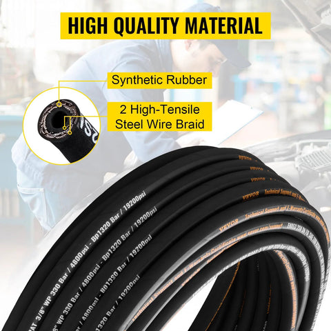 Hydraulic hose coil 3/8 in x 100 ft, 4800 psi, black rubber with 2 high-tensile steel wire braids