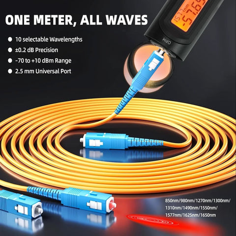 Amazon TFN 3-in-1 fiber optic tester with LCD display, orange patch cord and blue LC connectors.