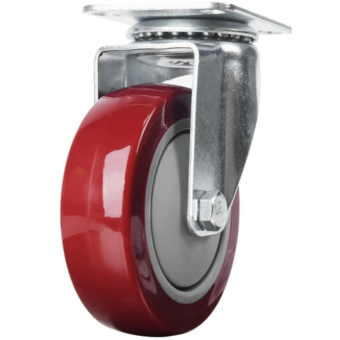 Heavy Duty 4 Inch Swivel Caster Set Of 4 With Plate Mounting And Premium Polyurethane Wheels 2600 Lb Total Capacity Ideal For Workbench Freezer Washer Dryer Move Easily Red Finish Free Screws Included side view