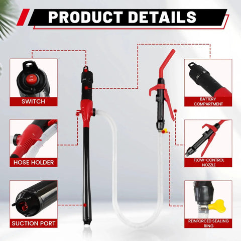 Image of Battery Powered Fuel Transfer Pump Portable Gas Pump With Nozzle Red For Quick Two Point Six GPM Fuel Transfers, showing components.