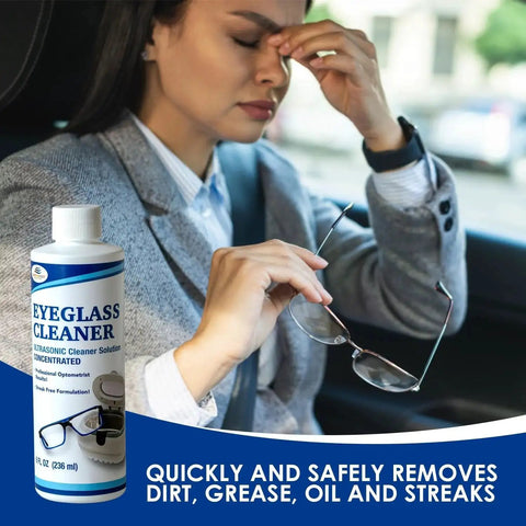 Woman holding glasses with Eyeglasses Ultrasonic Cleaning Solution Concentrated For Sonic Machines 32oz bottle.