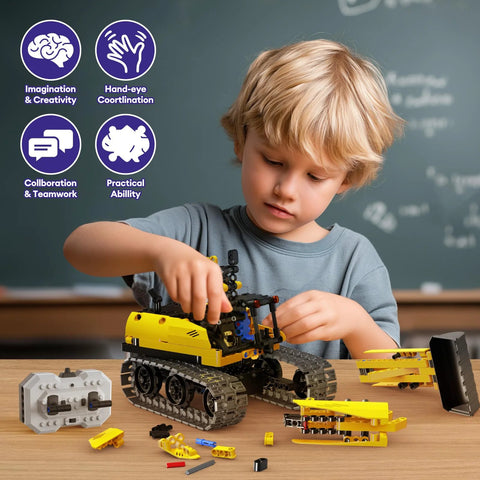 LECPOP 5-in-1 STEM building kit, 430 pieces; child assembles yellow RC excavator with construction blocks