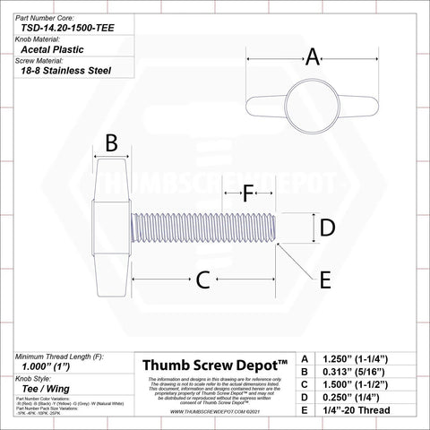 Diagram of Stainless Steel Thumb Screw 1/4-20 X 1-1/2 Inch With Black Tee Wing Knob Coarse Thread Reusable No Tools Needed.