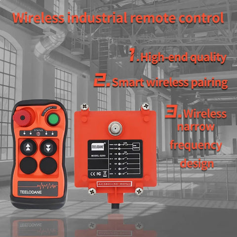 Q200 wireless crane remote control kit with orange 2-button transmitter and matching receiver, emergency stop