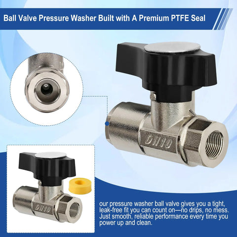 Ball Valve Pressure Washer DN10, metal body, black knob, PTFE seal, 3/8-inch hose connection, Amazon brand
