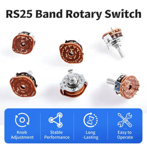 Two Pack RS25 Rotary Band Switch 4P3T 4 Pole 3 Position switches shown in various angles with knobs for electronics projects.