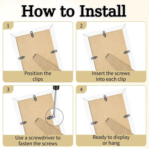 Installation guide for gunmetal picture frame turn button fasteners set with 100 backing clips and 100 screws for hanging