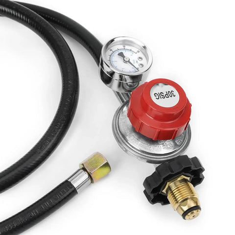 4 Foot High Pressure Propane Regulator With Gauge 0 To 60 Psi POL Connection Hose, durable brass construction, outdoor cooking use