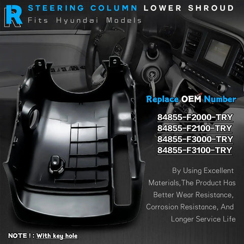 Lower Steering Column Ignition Shroud With Keyhole For Elantra 2017 2020 in black showing interior fitment.