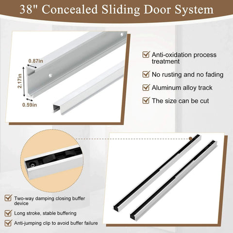 38 Inch Concealed Sliding Barn Door Hardware Kit With Soft Close, aluminum track and dimensions shown, anti-fade metal material