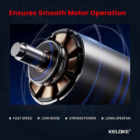 Close-up of a motor component with labels ensuring smooth operation, highlighting fast speed, low noise, strong power, and long lifespan.