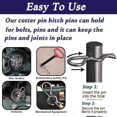 Heavy Duty 90 Piece Stainless Steel Hitch Pin Clip R Clips Retaining Pins Cotter Pin Hair Pin Spring Clip Retainer Kit With Six Sizes For Tractors Trucks And Engine Repair 304 Stainless Steel Assortment IronKing displayed in various automotive and machinery applications.
