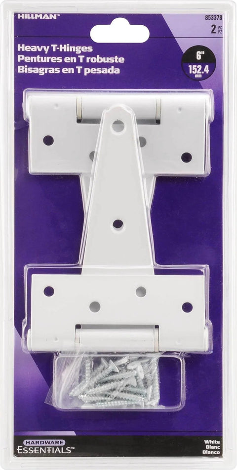 Heavy Duty T Hinges 6 Inch White 2 Pack for doors and gates with mounting screws on purple packaging