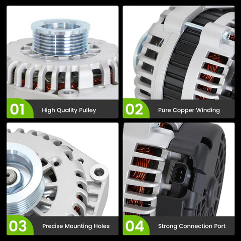 160 Amp High Output Alternator For 2007 To 2014 GMC Yukon Sierra Silverado Tahoe Suburban Avalanche Direct Replacement Plug And Play Replaces 15093928 15905871 ADR0369 showing high-quality pulley, copper winding, mounting holes, connection port